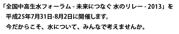 「全国中高生水フォーラム - 未来につなぐ 水のリレー - 2013」を
平成25年7月31日-8月2日に開催します。今だからこそ、水について、みんなで考えませんか。